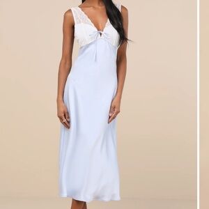 Pale Blue Satin Lace Midi Slip Dress